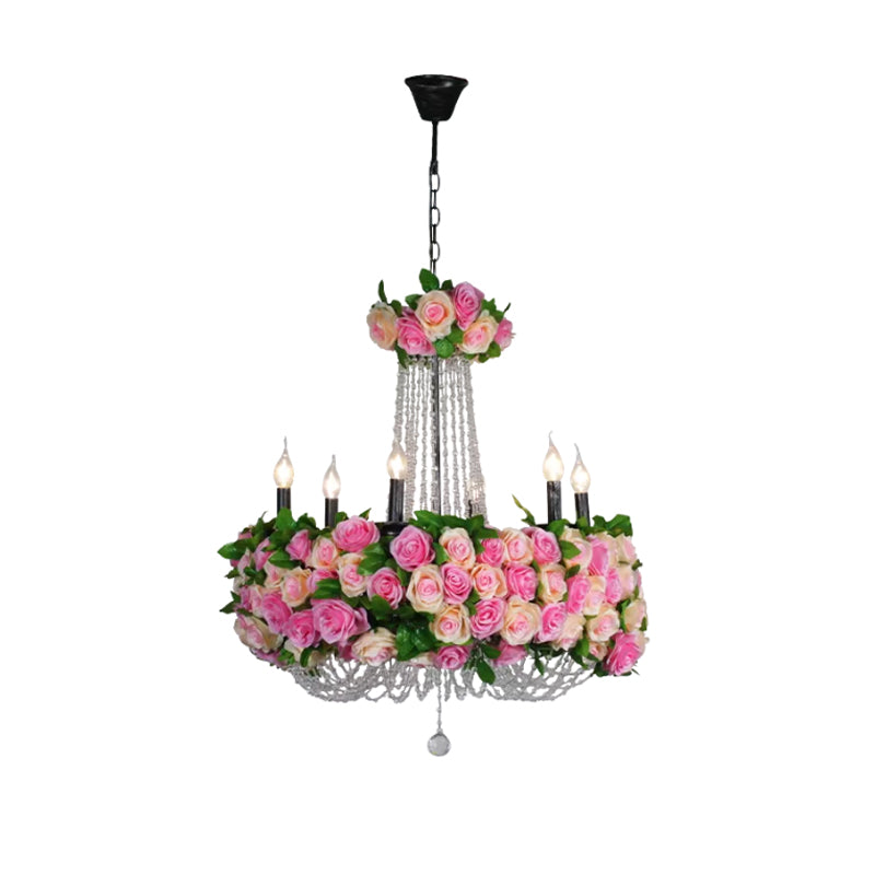 Pink Iron Flower Candelabra Chandelier with Crystal Accents for Farmhouse Lighting