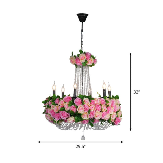 Pink Iron Flower Candelabra Chandelier with Crystal Accents for Farmhouse Lighting