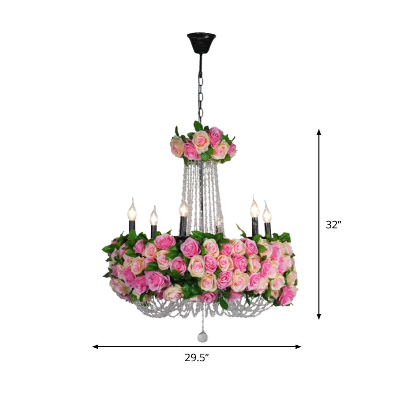 Farmhouse Candelabra Chandelier In Pink With Crystal Accent - 6-Head Iron Flower Ceiling Light