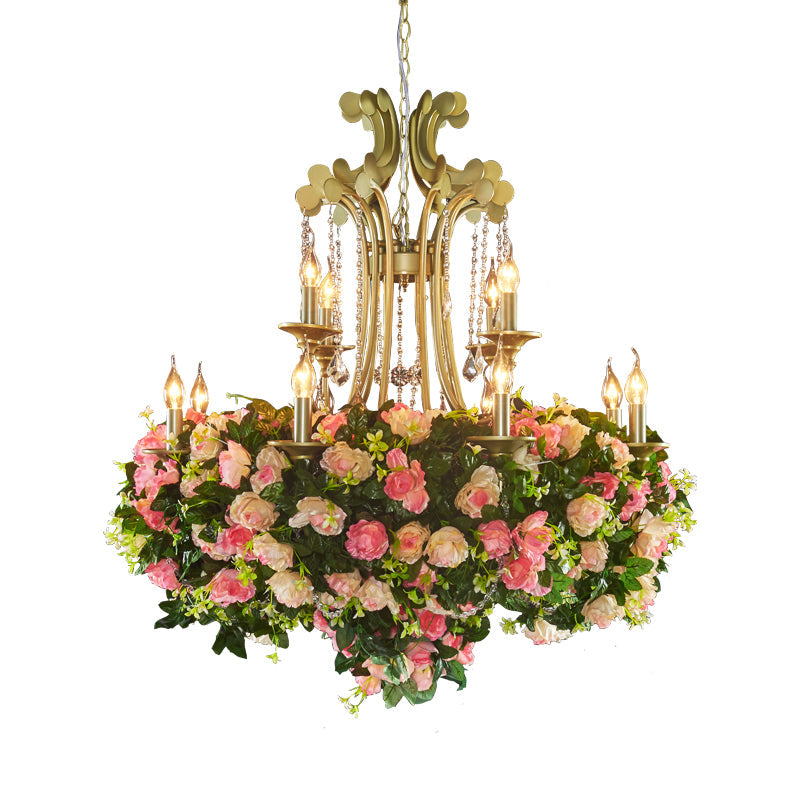 Industrial Gold Metal Flower Chandelier with Crystal Drop - 12 Light Candle Pendant