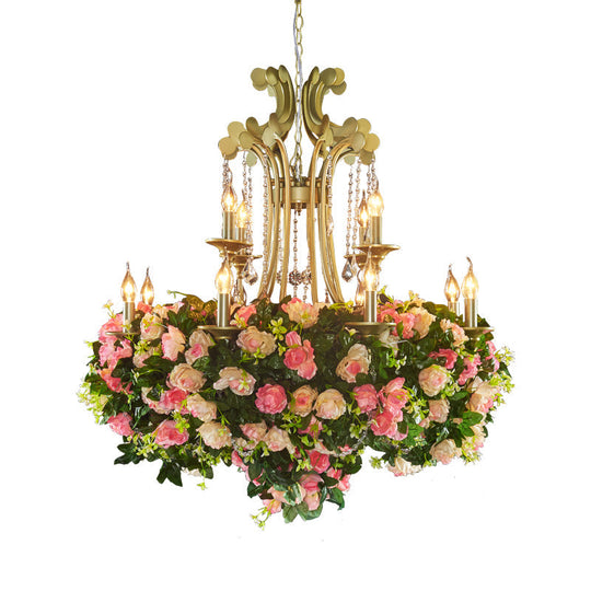 Industrial Gold Metal Flower Chandelier with Crystal Drop - 12 Light Candle Pendant