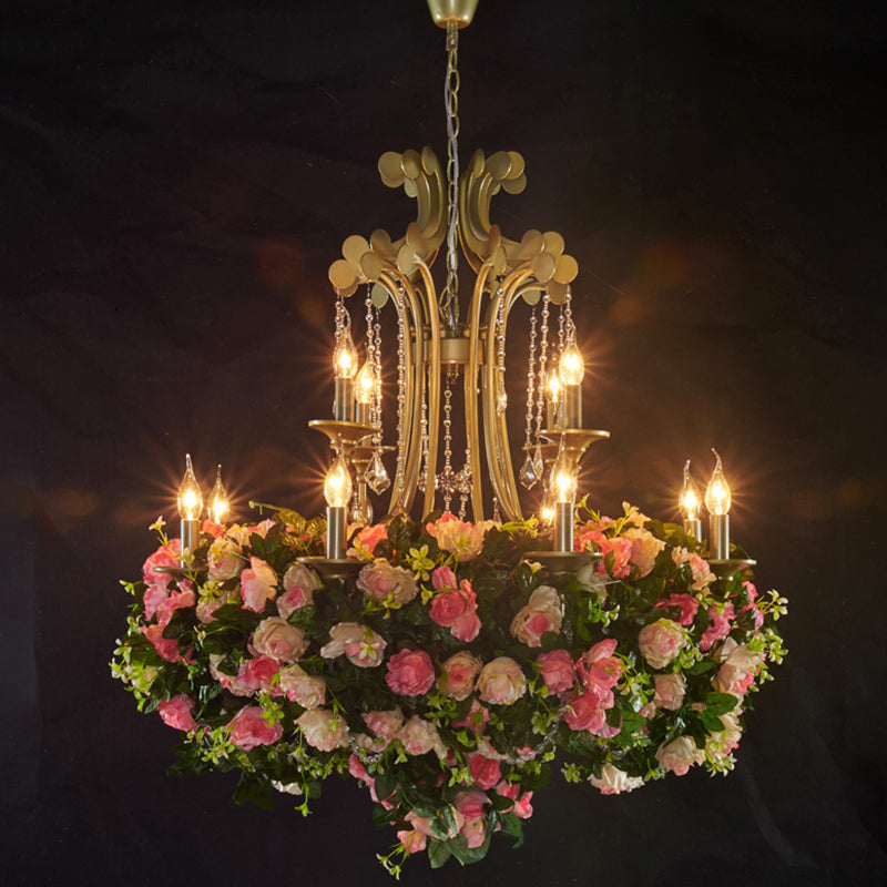 Industrial Gold Metal Flower Chandelier with Crystal Drop - 12 Light Candle Pendant