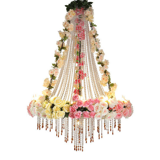 Industrial Crystal Raindrop Chandelier with Flower Accent - White Finish, 10 Heads