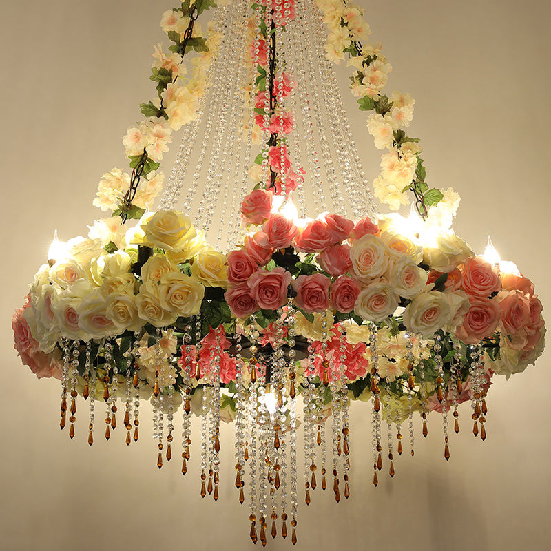 Industrial Crystal Raindrop Chandelier with Flower Accent - White Finish, 10 Heads