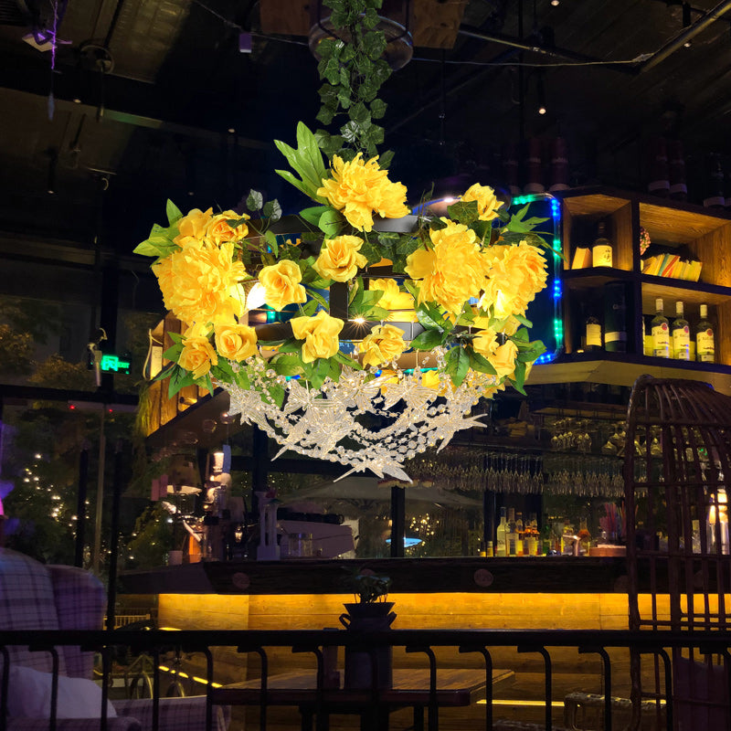 Industrial Iron 3-Light Yellow Round Cage Ceiling Chandelier With Crystal Accent - Restaurant