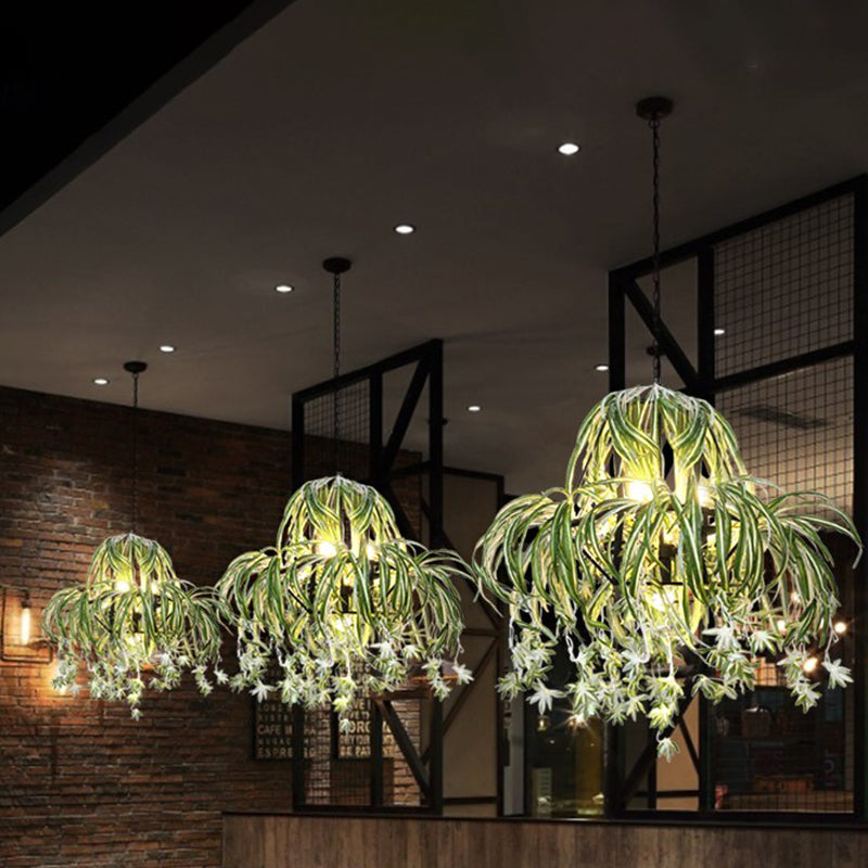 Green Iron Pendant Chandelier: Farm Circular Cage Light With Flower Decor 5 Bulbs