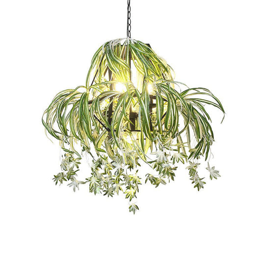 Green Farmhouse Chandelier: Circular Cage Pendant Light with 5 Bulbs and Flower Decor