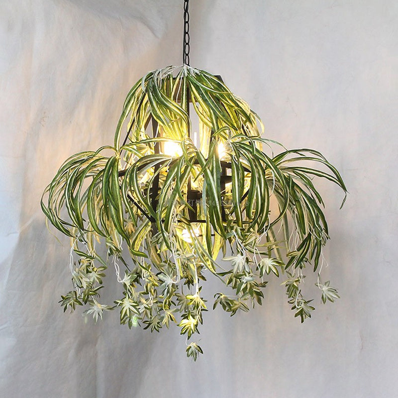 Green Farmhouse Chandelier: Circular Cage Pendant Light with 5 Bulbs and Flower Decor