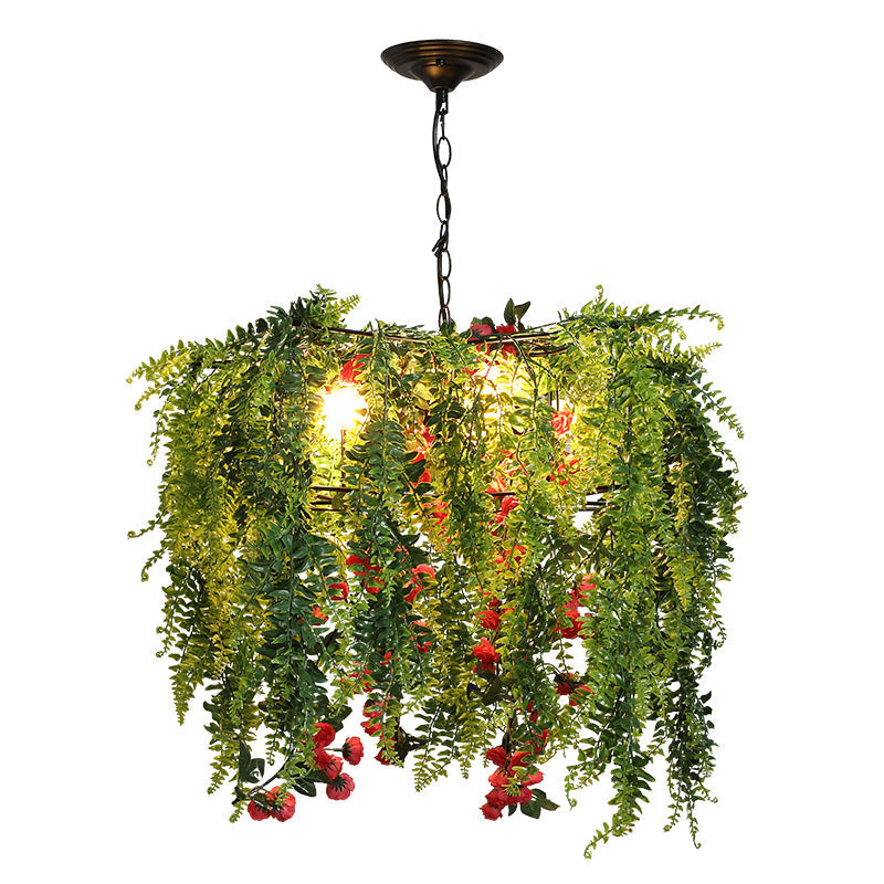 Elena - Green Warehouse Wire Guard Chandelier Lamp 4 Bulbs Iron Hanging Ceiling Light in Green with Plant Decor