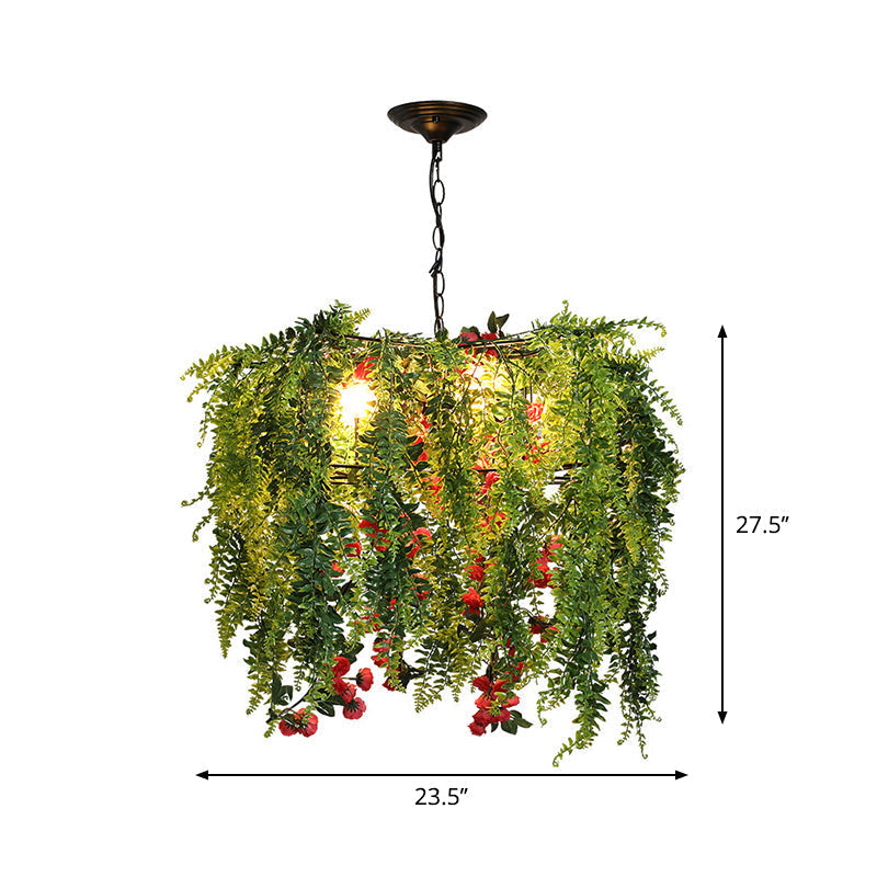 Elena - Green Warehouse Wire Guard Chandelier Lamp 4 Bulbs Iron Hanging Ceiling Light In With Plant