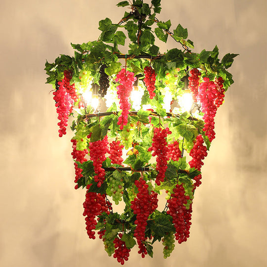 Prudence - Red Tiered Round Iron Pendant Chandelier Industrial 6 Heads Restaurant Down Lighting in Red with Artificial Grape