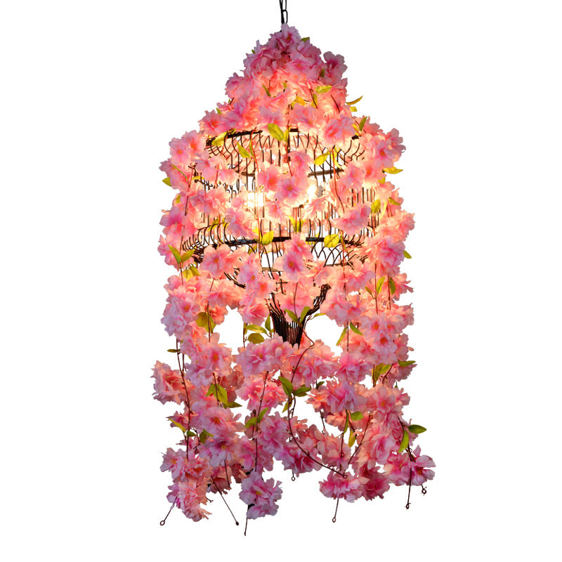 Iron Industrial Chandelier with 3 Lights and Flower Suspension in Pink - Perfect for Restaurants