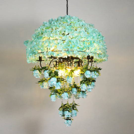 Iron Ceiling Chandelier - Industrial Blue Bowl Wire Cage, Crystal Decor, Floral Suspension Light - 10 Bulbs