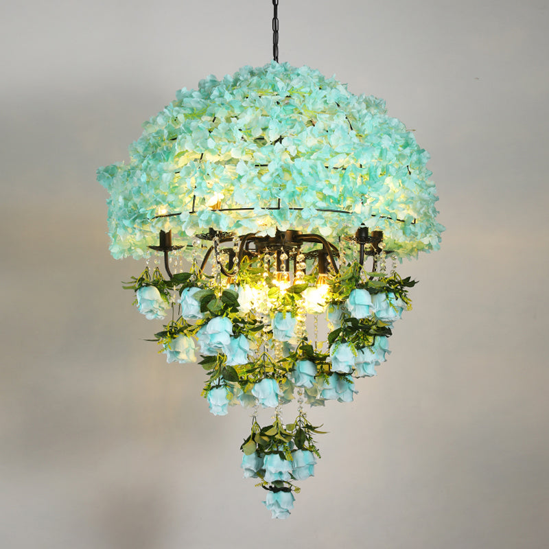 Iron Industrial Chandelier With Blue Bowl Wire Cage And Crystal Decoration - 10 Bulb Suspension