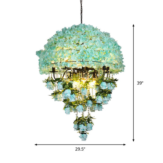 Iron Ceiling Chandelier - Industrial Blue Bowl Wire Cage, Crystal Decor, Floral Suspension Light - 10 Bulbs