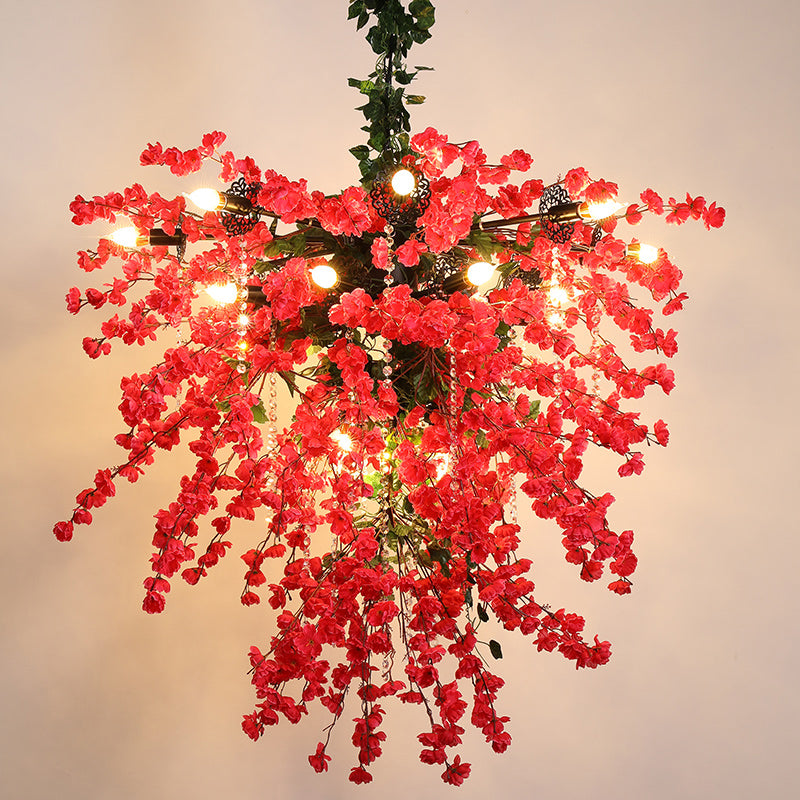 Red Starburst Flower Chandelier - Iron Pendant Light With Crystal Bead Strand