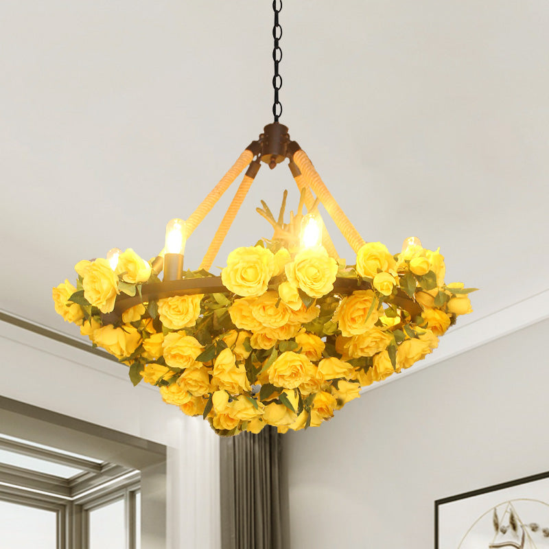 Vintage Round Pendant Chandelier - 6 Light Iron Flower Ceiling Light with Hemp Rope, Yellow/Pink/Light Pink