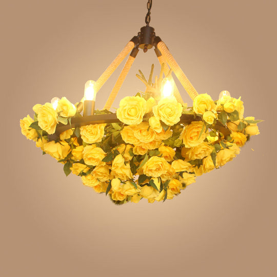 Vintage Round Pendant Chandelier - 6 Light Iron Flower Ceiling Light with Hemp Rope, Yellow/Pink/Light Pink