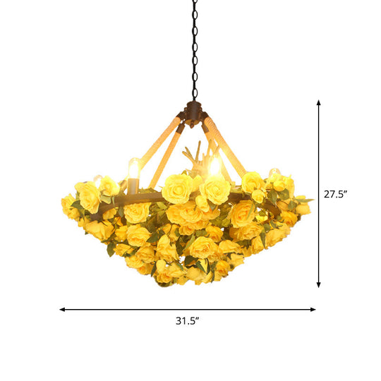 Vintage Round Pendant Chandelier - 6 Light Iron Flower Ceiling Light with Hemp Rope, Yellow/Pink/Light Pink