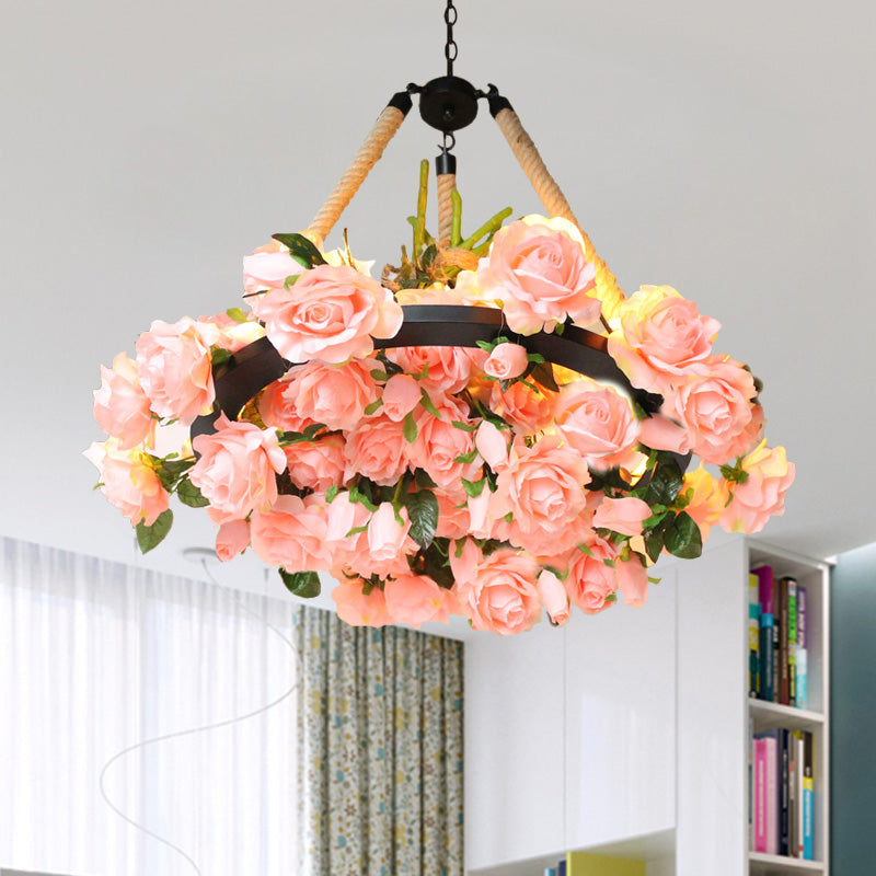 Vintage Round Pendant Chandelier - 6 Light Iron Flower Ceiling Light with Hemp Rope, Yellow/Pink/Light Pink