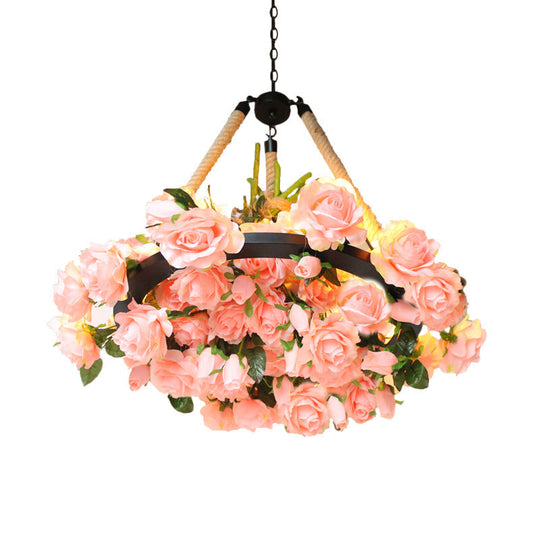 Vintage Round Pendant Chandelier - 6 Light Iron Flower Ceiling Light with Hemp Rope, Yellow/Pink/Light Pink