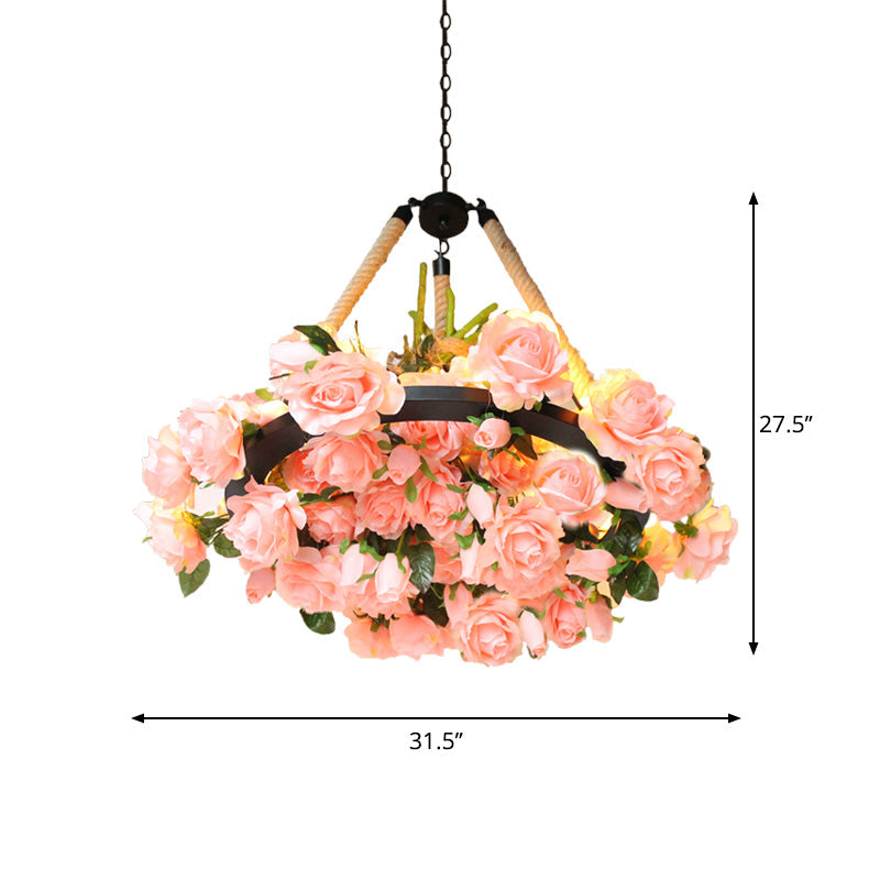 Vintage Round Pendant Chandelier - 6 Light Iron Flower Ceiling Light with Hemp Rope, Yellow/Pink/Light Pink