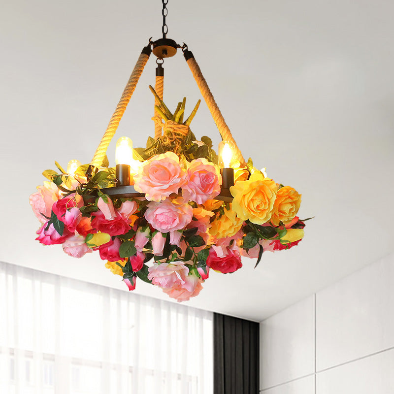 Vintage Round Pendant Chandelier - 6 Light Iron Flower Ceiling Light with Hemp Rope, Yellow/Pink/Light Pink