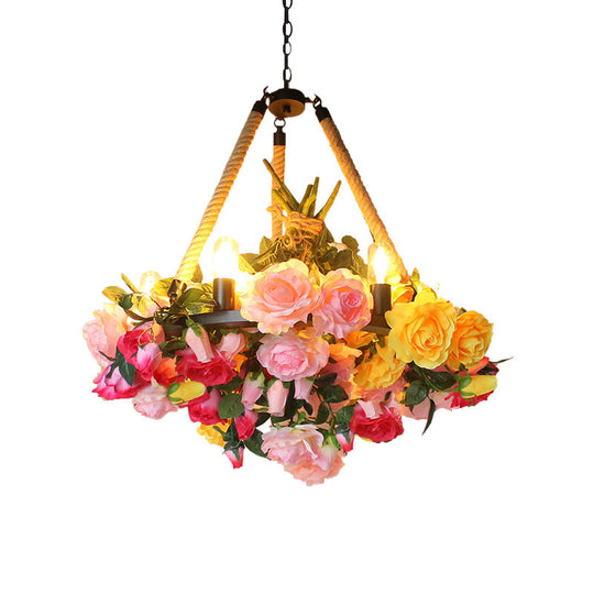 Vintage Round Pendant Chandelier - 6 Light Iron Flower Ceiling Light with Hemp Rope, Yellow/Pink/Light Pink