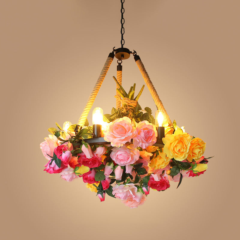 Vintage Round Pendant Chandelier - 6 Light Iron Flower Ceiling Light with Hemp Rope, Yellow/Pink/Light Pink