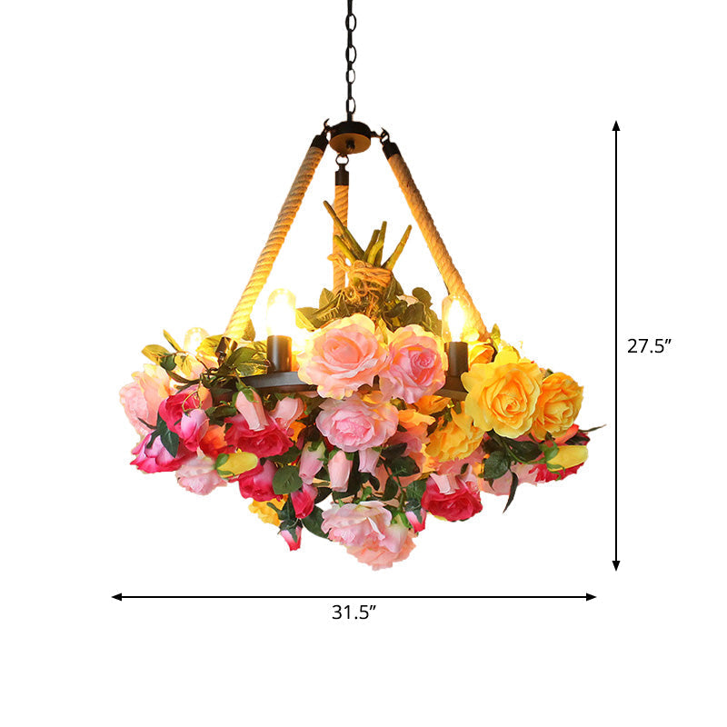 Vintage Round Pendant Chandelier - 6 Light Iron Flower Ceiling Light with Hemp Rope, Yellow/Pink/Light Pink