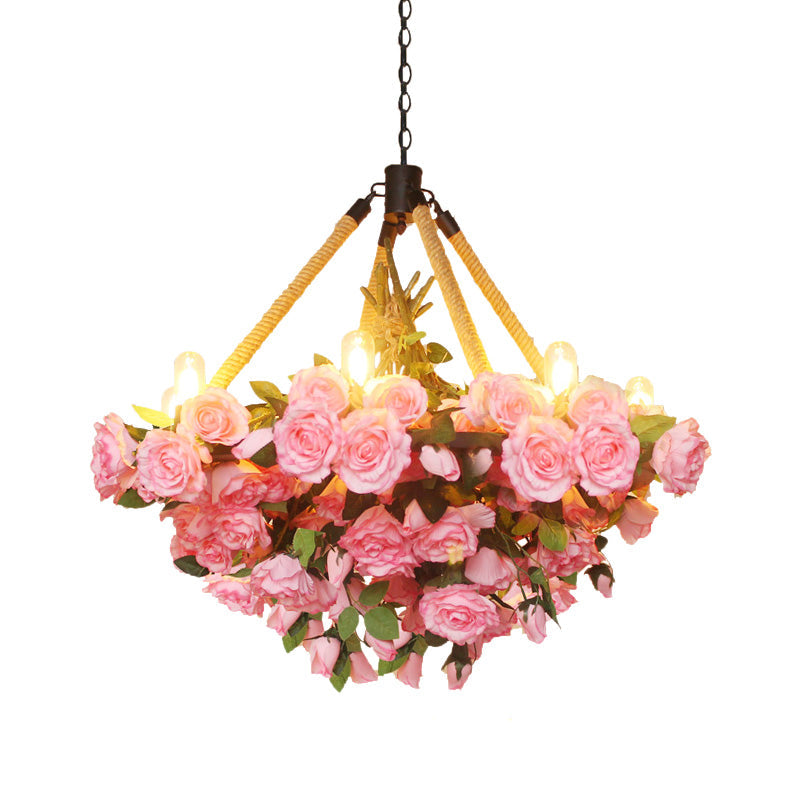 Vintage Round Pendant Chandelier - 6 Light Iron Flower Ceiling Light with Hemp Rope, Yellow/Pink/Light Pink