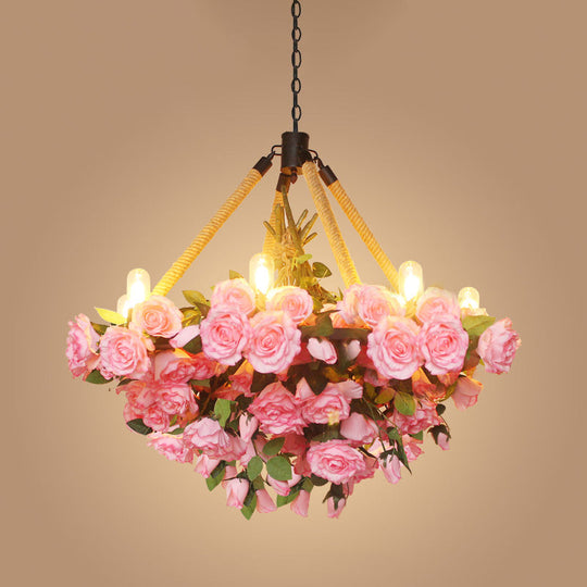 Vintage Round Pendant Chandelier - 6 Light Iron Flower Ceiling Light with Hemp Rope, Yellow/Pink/Light Pink