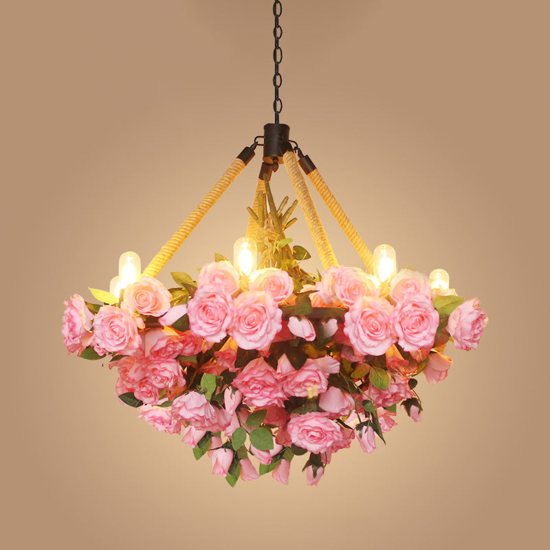 Vintage 6-Light Round Pendant Chandelier With Iron Flower Design Hemp Rope Yellow/Pink/Light Pink