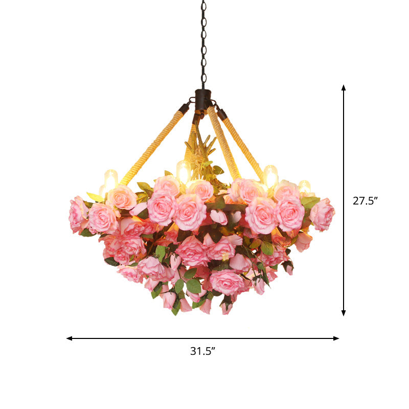 Vintage Round Pendant Chandelier - 6 Light Iron Flower Ceiling Light with Hemp Rope, Yellow/Pink/Light Pink