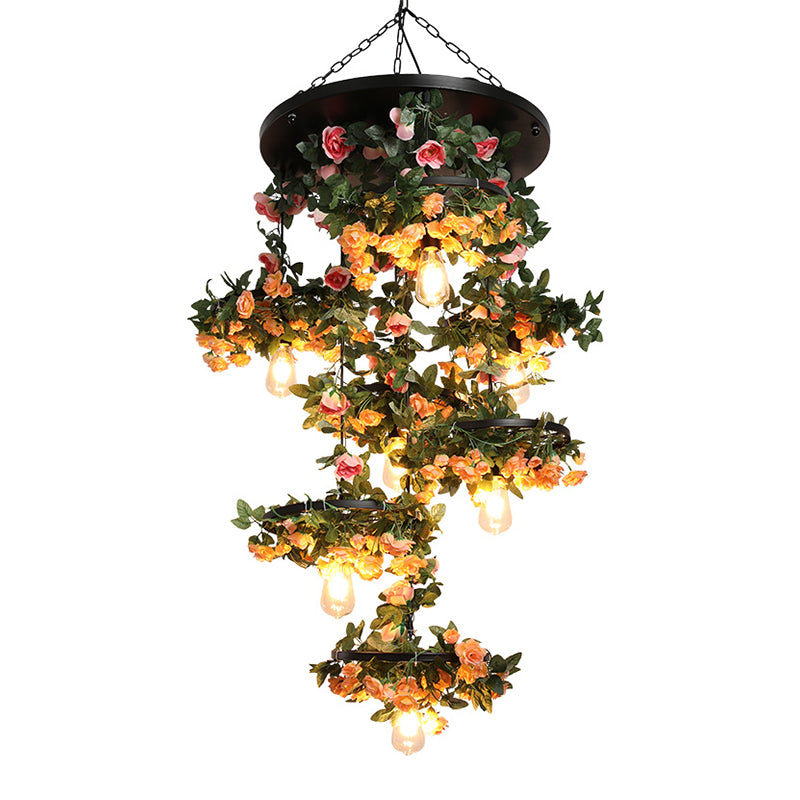 Black Iron Flower Pendant Chandelier - 7 Lights Warehouse Open Bulb Down Lighting