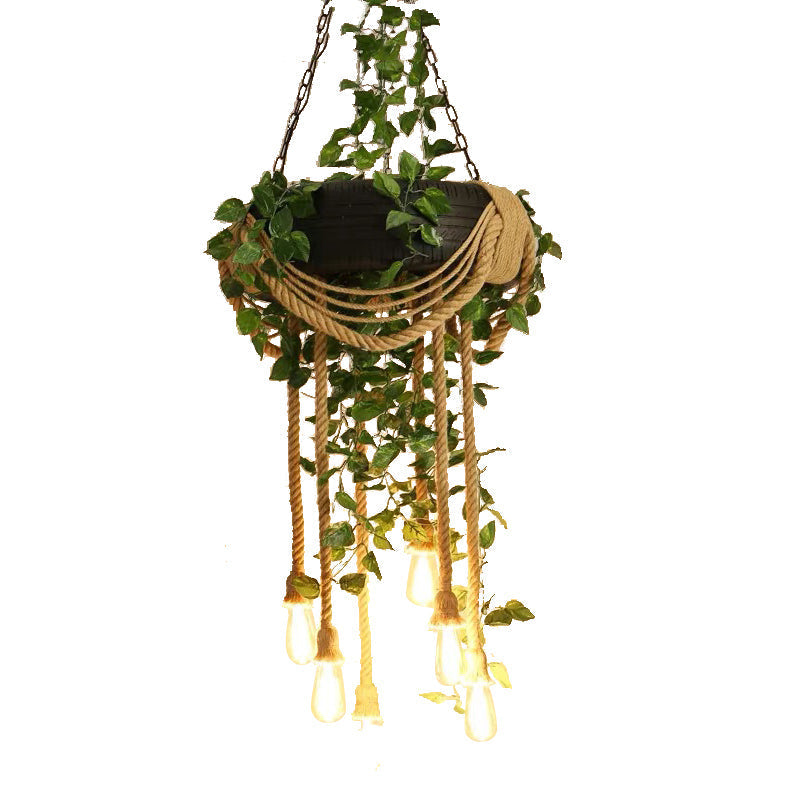 Pink/Green 6-Light Chandelier Lamp With Hemp Rope Design - Flower Pendant & Rubber Tire Decoration