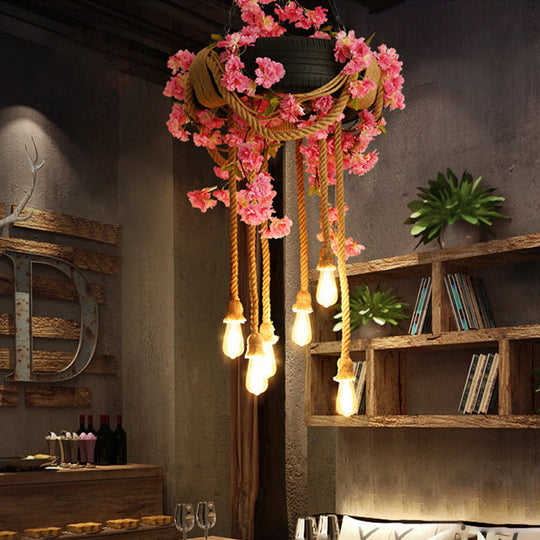 Pink/Green 6-Light Chandelier Lamp With Hemp Rope Design - Flower Pendant & Rubber Tire Decoration