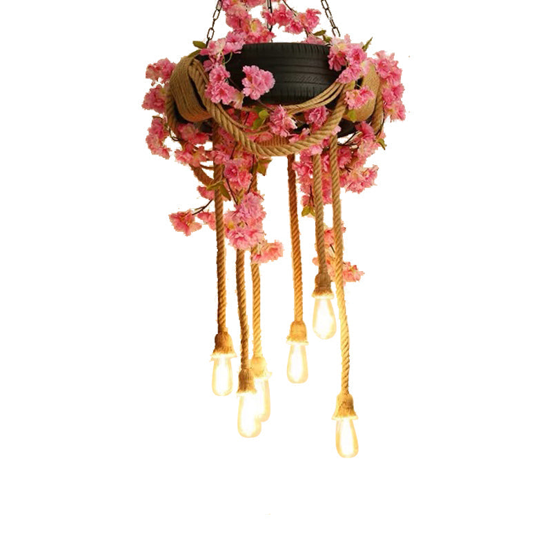 Pink/Green 6-Light Chandelier Lamp With Hemp Rope Design - Flower Pendant & Rubber Tire Decoration