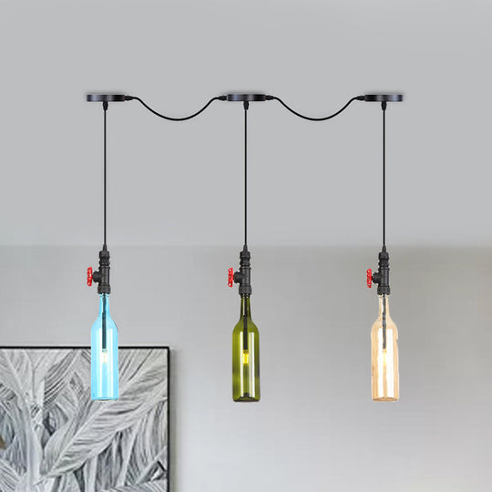 Industrial Multi-Bulb Ceiling Light with Black Finish and Colored Glass Bottles