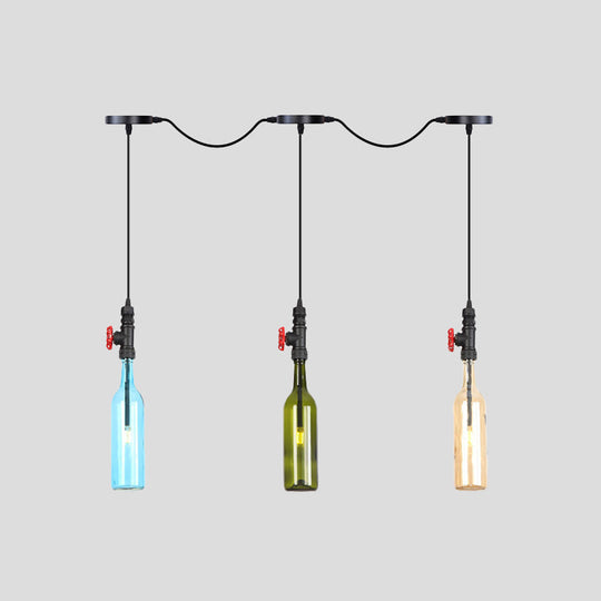 Industrial Multi-Bulb Ceiling Light with Black Finish and Colored Glass Bottles