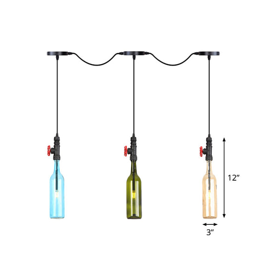 Industrial Multi-Bulb Ceiling Light with Black Finish and Colored Glass Bottles