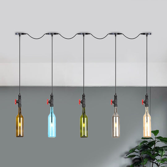 Industrial Multi-Bulb Ceiling Light with Black Finish and Colored Glass Bottles