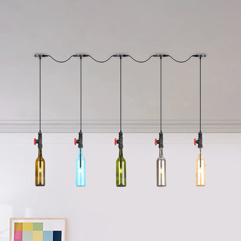 Industrial Multi-Bulb Ceiling Light with Black Finish and Colored Glass Bottles