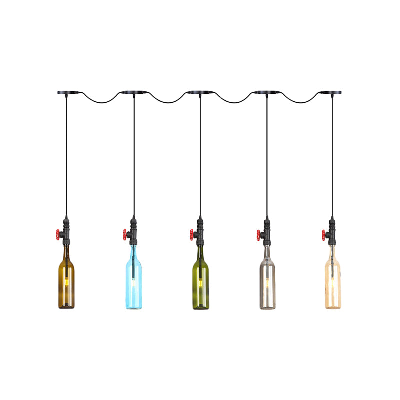 Industrial Multi-Bulb Ceiling Light with Black Finish and Colored Glass Bottles