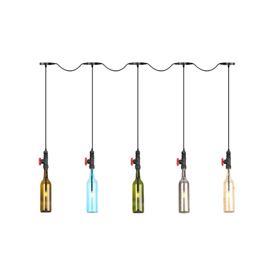 Industrial Multi-Bulb Ceiling Light with Black Finish and Colored Glass Bottles