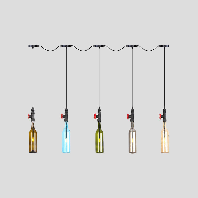 Industrial Multi-Bulb Ceiling Light with Black Finish and Colored Glass Bottles