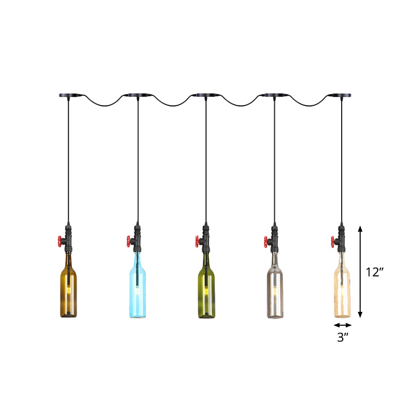 Industrial Multi-Bulb Ceiling Light with Black Finish and Colored Glass Bottles