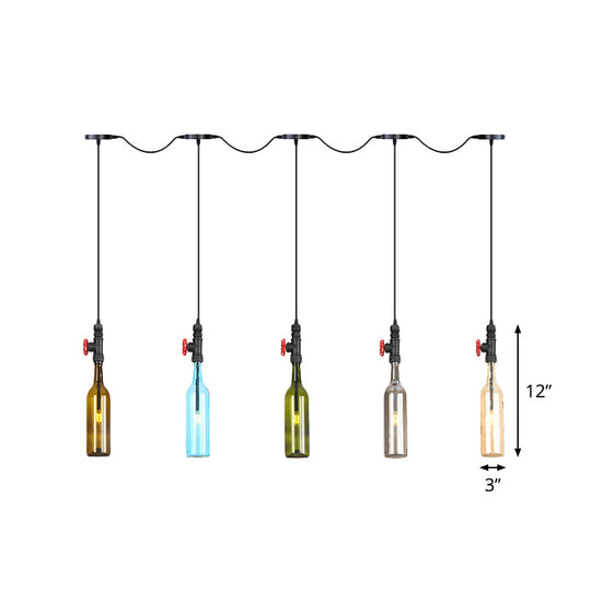 Industrial Multi-Bulb Ceiling Light with Black Finish and Colored Glass Bottles