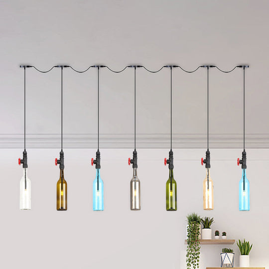 Industrial Multi-Bulb Ceiling Light with Black Finish and Colored Glass Bottles