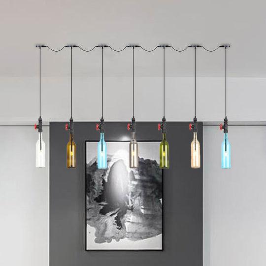 Industrial Multi-Bulb Ceiling Light with Black Finish and Colored Glass Bottles